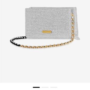 Rebecca Minkoff Silver Clutch with Textured Fabric and Dual-Tone Chain Strap